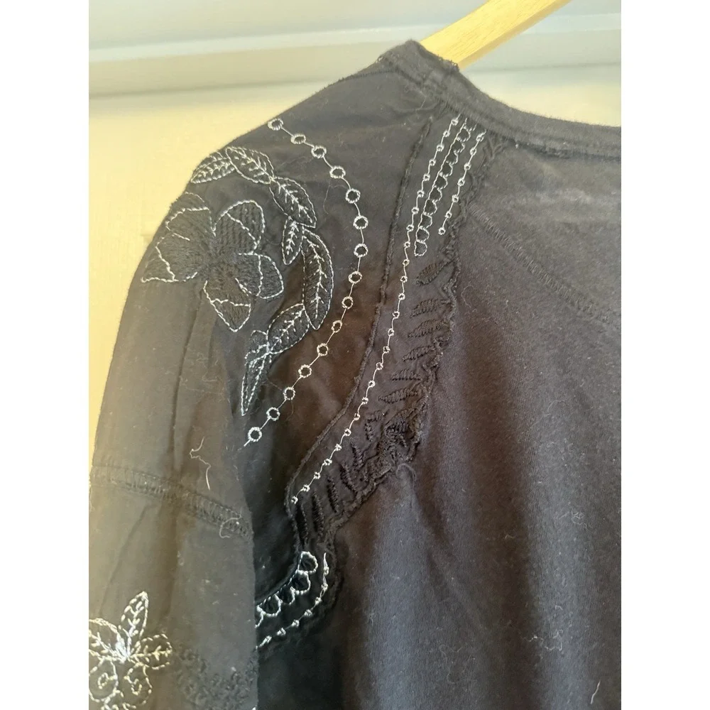 Free People Babydoll Top Wmn Small Black Embroidered Mesh Lace Long Sleeve Boho